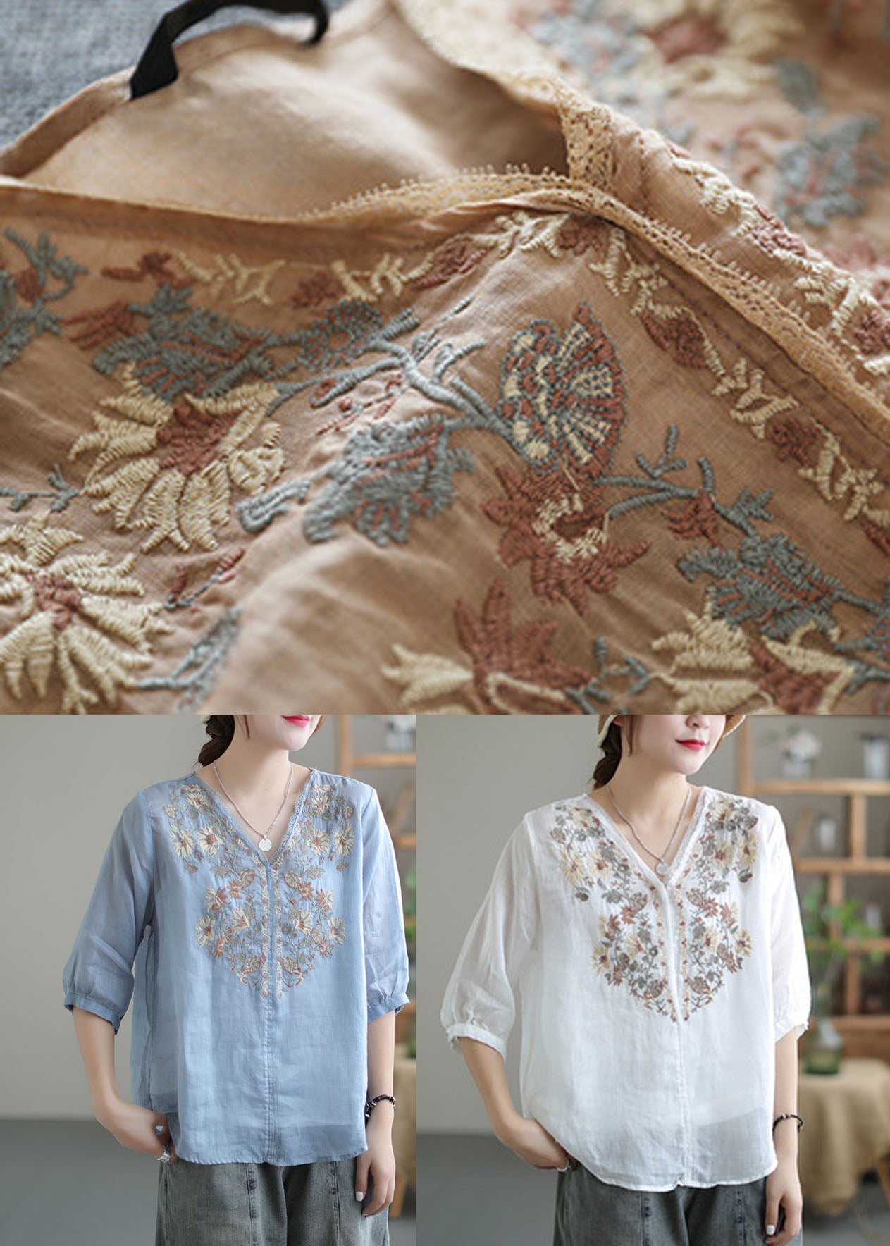 Khaki Embroidered Lace Patchwork Linen Shirt Top Half Sleeve