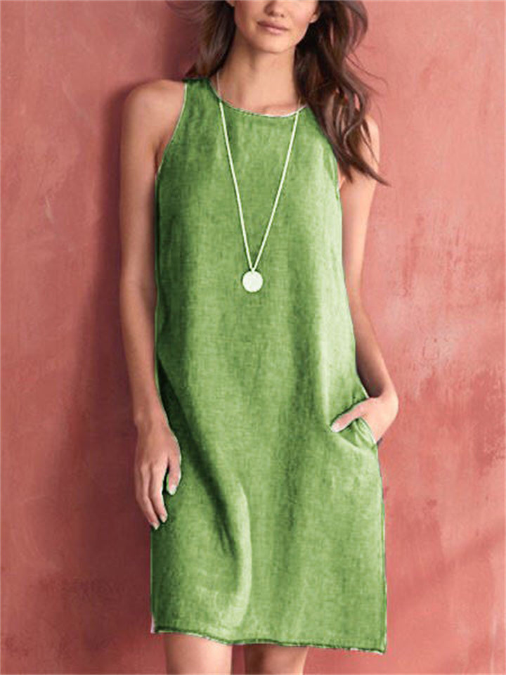 Color Sleeveless Cotton Linen Round Neck Loose Waist Pocket Tassel Undershirt Urban Style A-line Dress