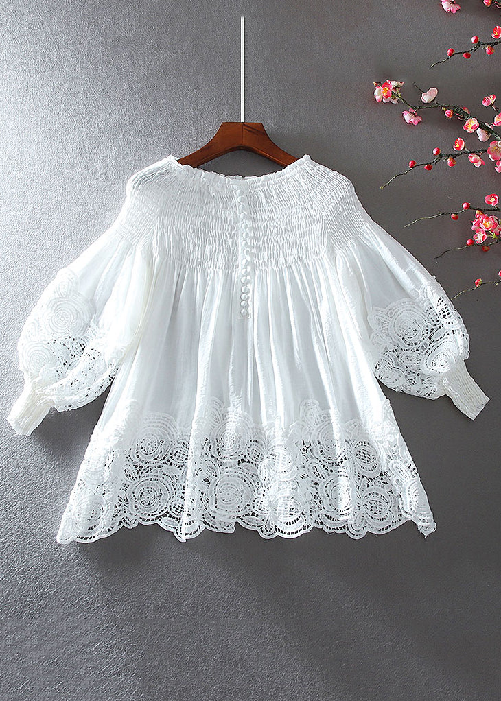 French White O-neck Wrinkled Patchwork Hollow Out Shirt Long Sleeve