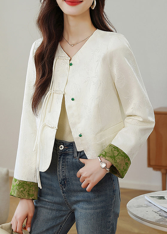 Beige O Neck Print Button Silk Coats Fall