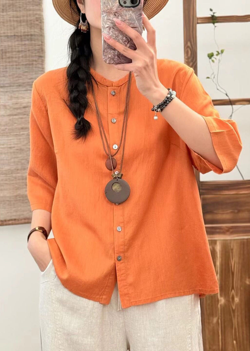 New Orange O Neck Button Linen Blouse Half Sleeve