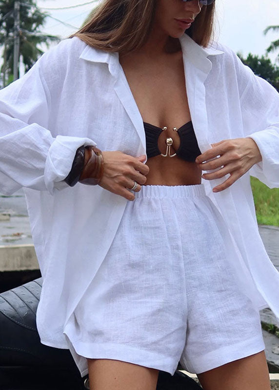 Grey Peter Pan Collar Shirts and Shorts Two Pieces Set Fall
