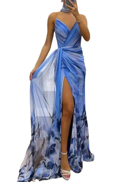 Blue Cold Shoulder Print Chiffon Long Dress Sleeveless