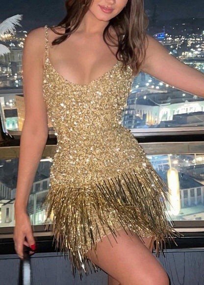 Gold Tassel Sequins Spaghetti Strap Dress Summer