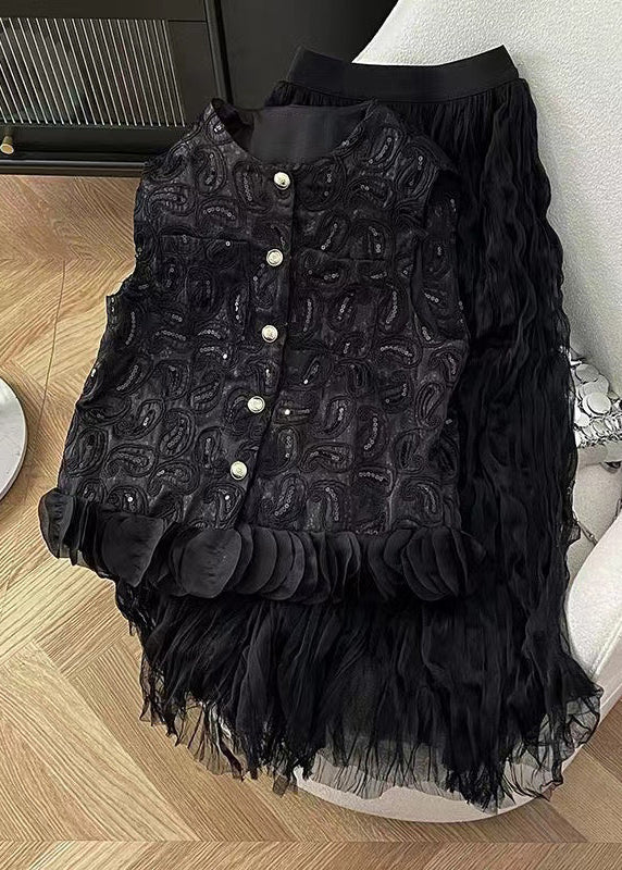 Black Sequins Waistcoat Tops and Skirts Two Pieces Set Sleeveless