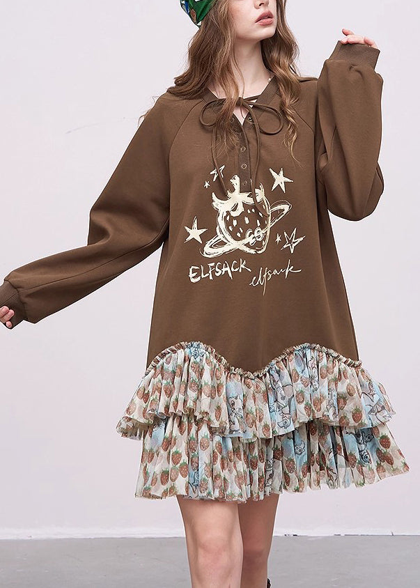 Brown Oversized Patchwork Cotton Sweatshirts Dress Fall