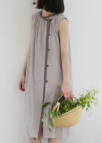 Brief Khaki O-neck Button Linen Long Dress Sleeveless