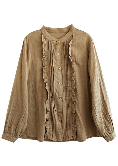 Khaki Ruffled Color Cotton Shirt Tops Spring
