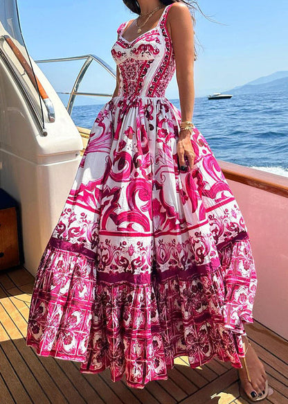 Rose Print Wrinkled Cotton Spaghetti Strap Dress Summer