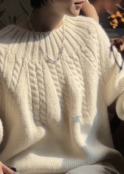 Beige O Neck Thick Cozy Cable Knit Sweater Winter