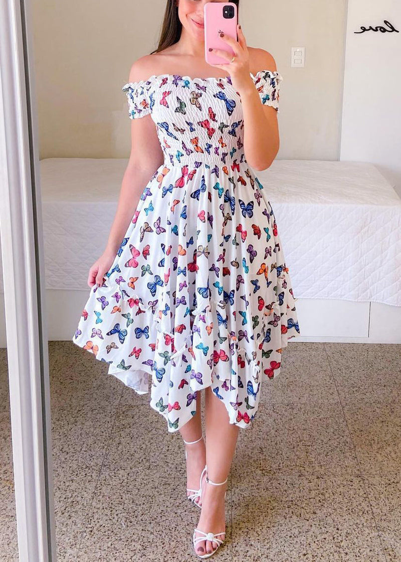 Sunflower Slash Neck Print Ruffled Cotton Dress Summer