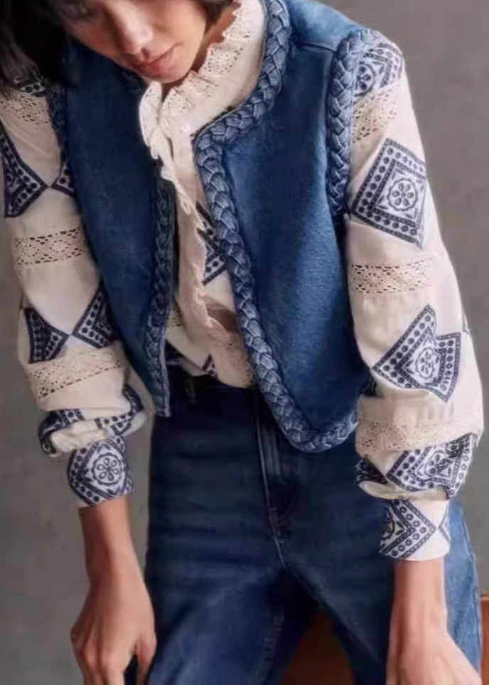 Blue O Neck Fine Cotton Filled Denim Vest Sleeveless