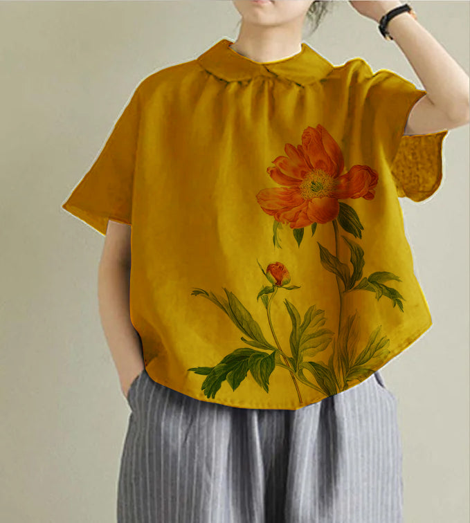 Simple Purple Peter Pan Collar Linen Shirt Summer