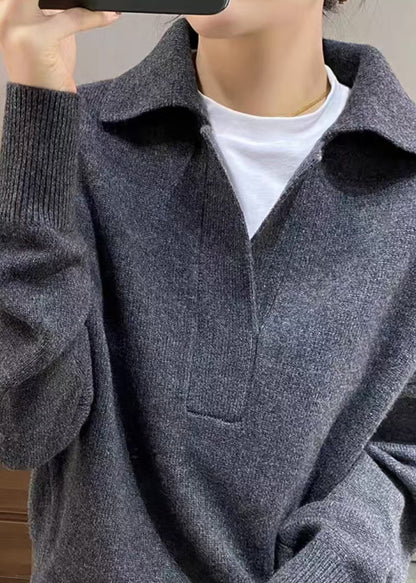 New Grey Peter Pan Collar Knit Sweater Tops Spring