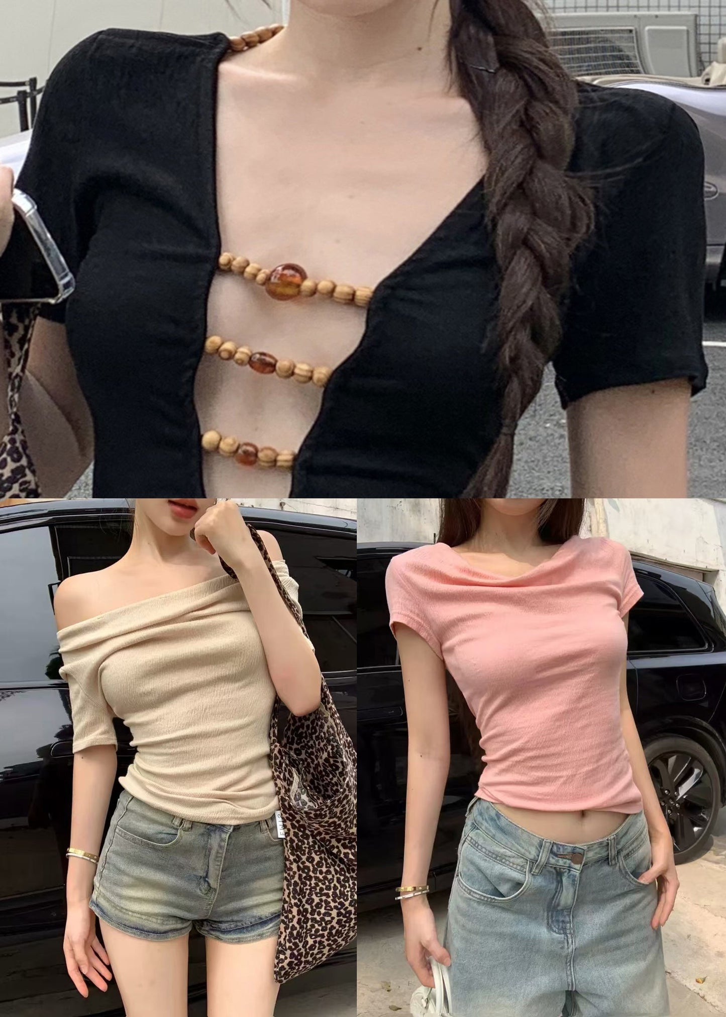 Apricot Wear on Both Sides Beadingpatchwork Cotton T Shirts Slash Neck