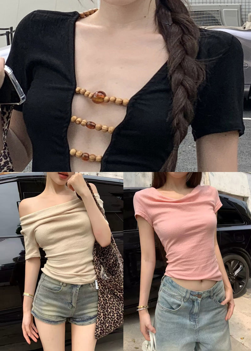 Slim Fit Black V Neck Beading Hollow Out Cotton T Shirts