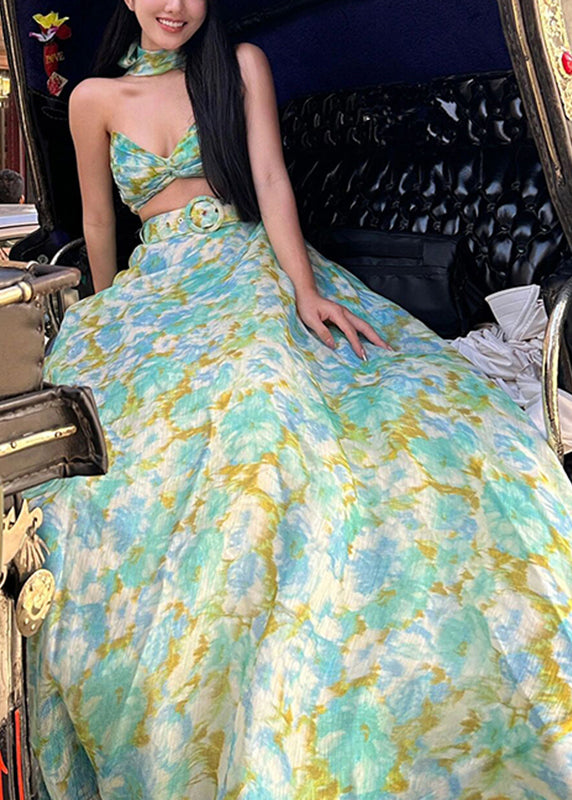 Green Bow Print Top and a Line Skirts Two Pieces Set Summer