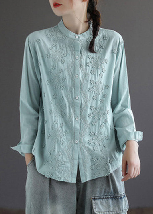 White Stand Collar Embroidered Button Cotton Shirt Long Sleeve