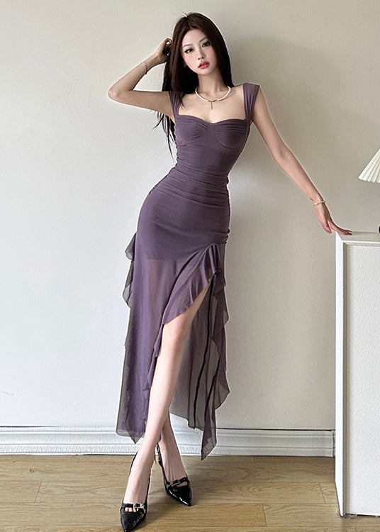 Purple Ruffled Tulle Side Open Slim Fitting Suspender Dress