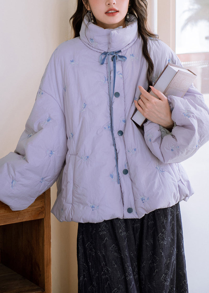 Purple Embroidered Lace Up Pockets Cotton Filled Parkas Winter