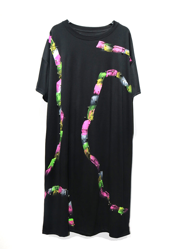 Black O Neck Print Nail Bead Cotton Dress Summer