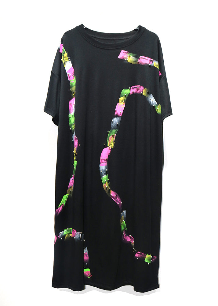 Black O Neck Print Nail Bead Cotton Dress Summer