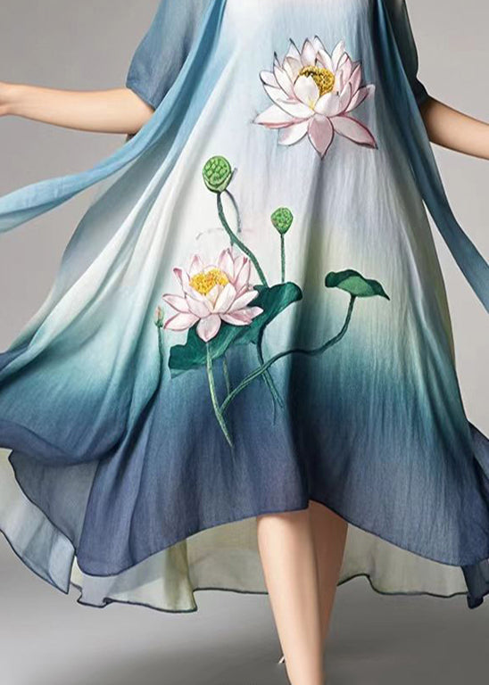 Gradient Color Lotus Print Cotton a Line Dress Summer