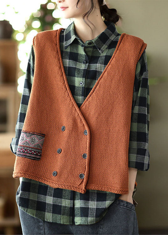 Classy Caramel V Neck Button Patchwork Knit Vest Spring