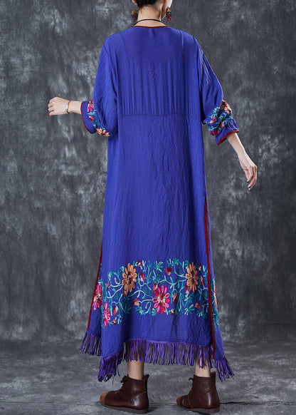 Blue Tasseled Embroidered Cotton Cardigan Fall