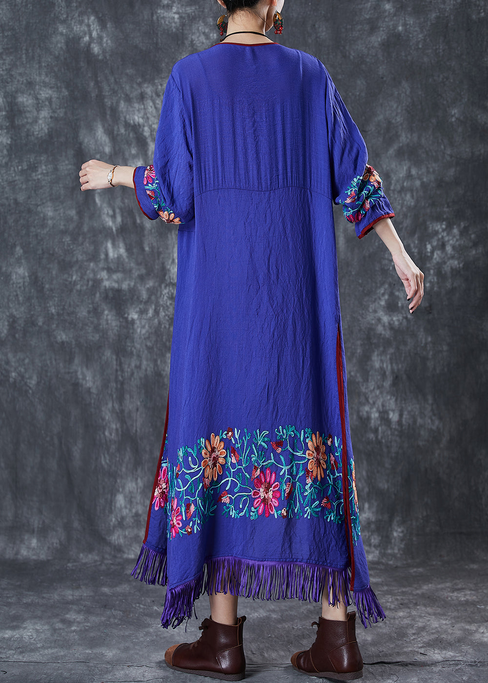 Blue Tasseled Embroidered Cotton Cardigan Fall