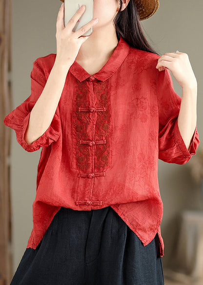 Retro Red Peter Pan Collar Embroidered Shirt Bracelet Sleeve