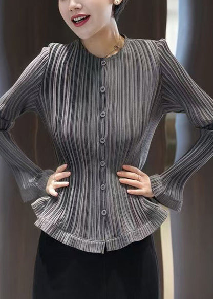 Slim Fit Grey Wrinkled Button Cotton Blouses Fall