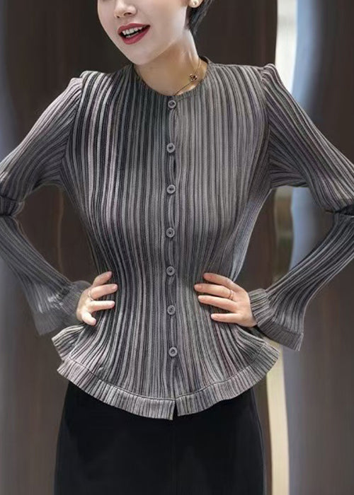 Slim Fit Grey Wrinkled Button Cotton Blouses Fall