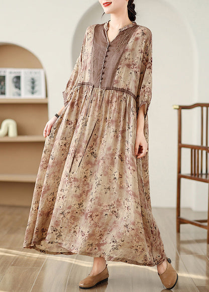 Khaki Print Tie Waist Pockets Cotton Long Dresses Fall