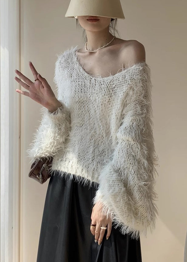 White Fluffy Hollow Out Knit Sweaters Winter