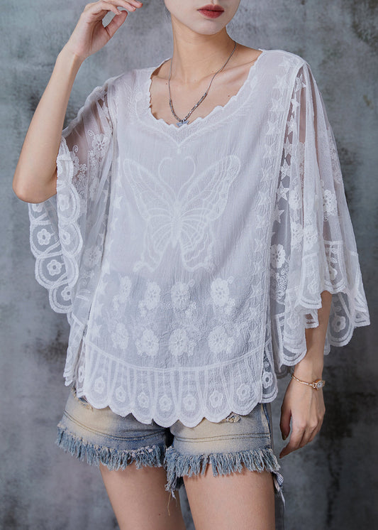 White Embroidered Butterfly Cotton Blouses Summer