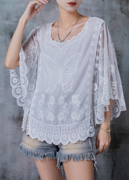 White Embroidered Butterfly Cotton Blouses Summer
