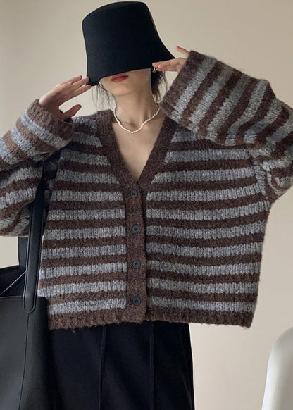 Coffee Striped Button Knit Knit Cardigans Coats Fall