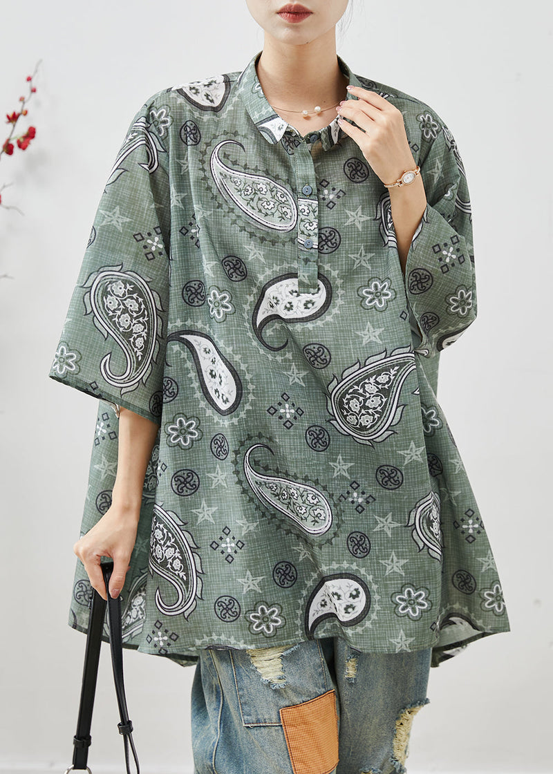 Grey Oversized Print Cotton Shirt Top Summer