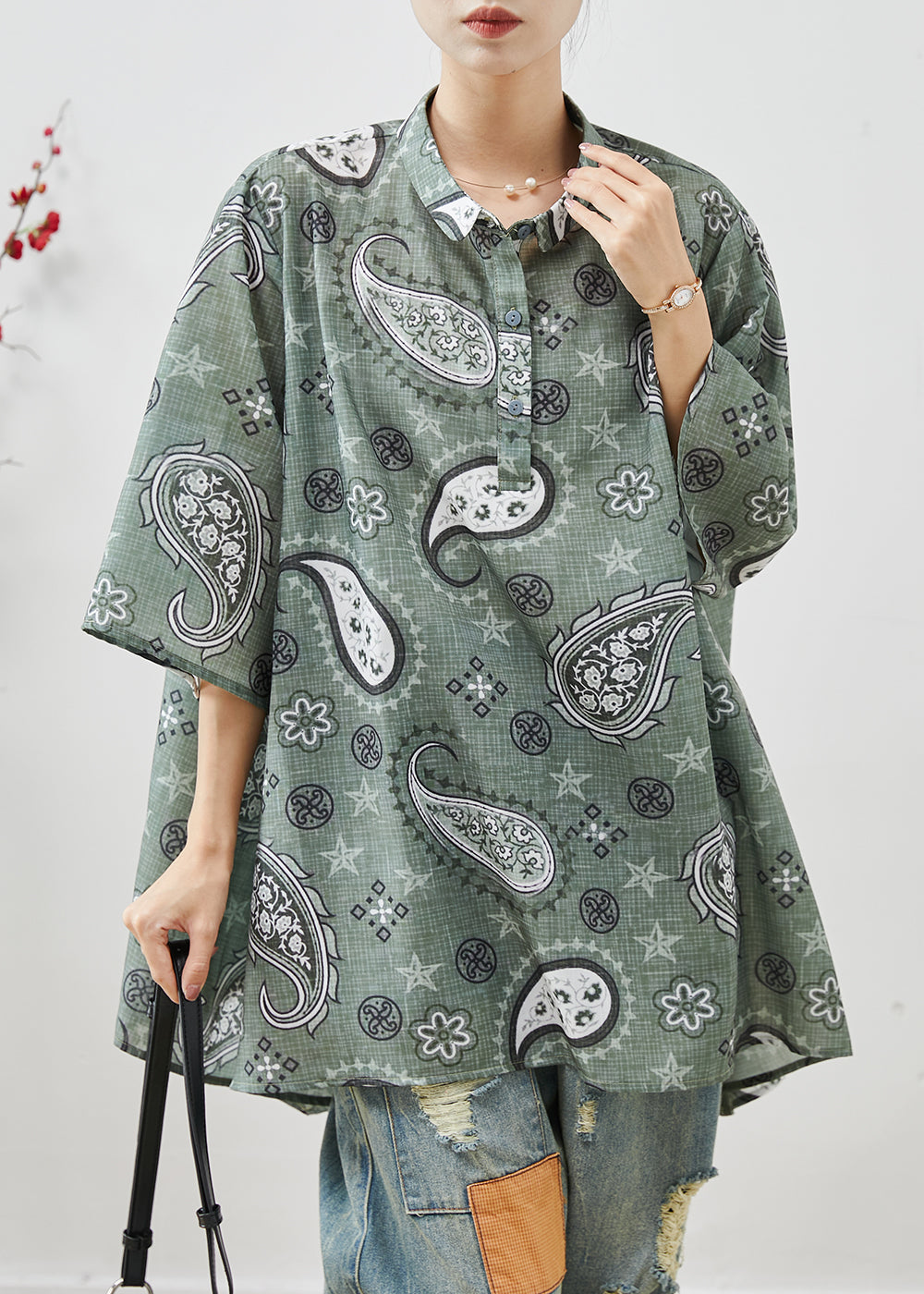 Grey Oversized Print Cotton Shirt Top Summer