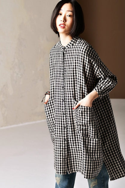 Korea Style Medium Length Loose Plaid Shirt Blouse