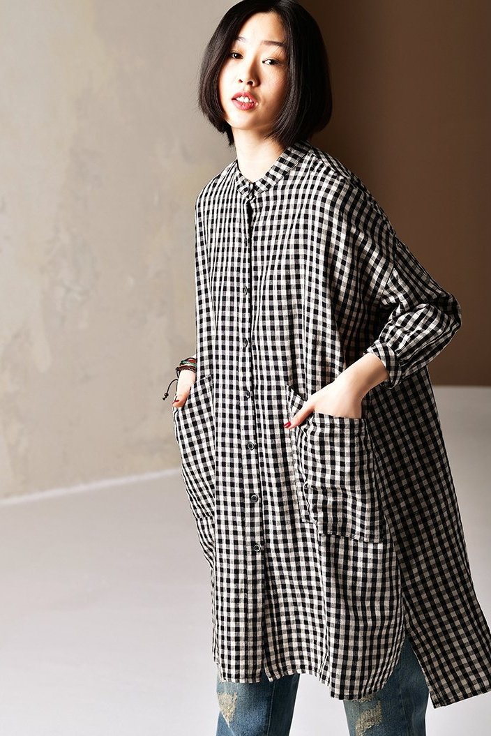 Korea Style Medium Length Loose Plaid Shirt Blouse