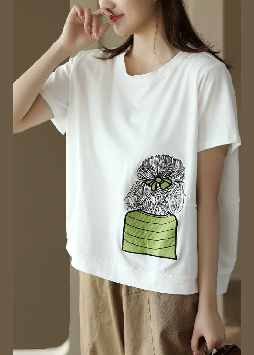 White O-neck Embroidered Patchwork Cotton Top Summer