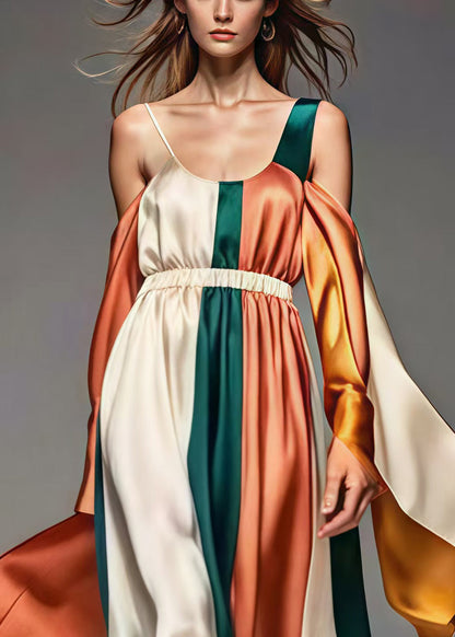 Organic Colorblock Asymmetrical Patchwork Silk Robe Dresses Summer