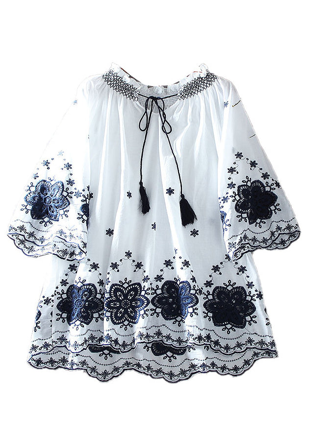 Fitted White Embroidered Cotton a Line Tops Summer