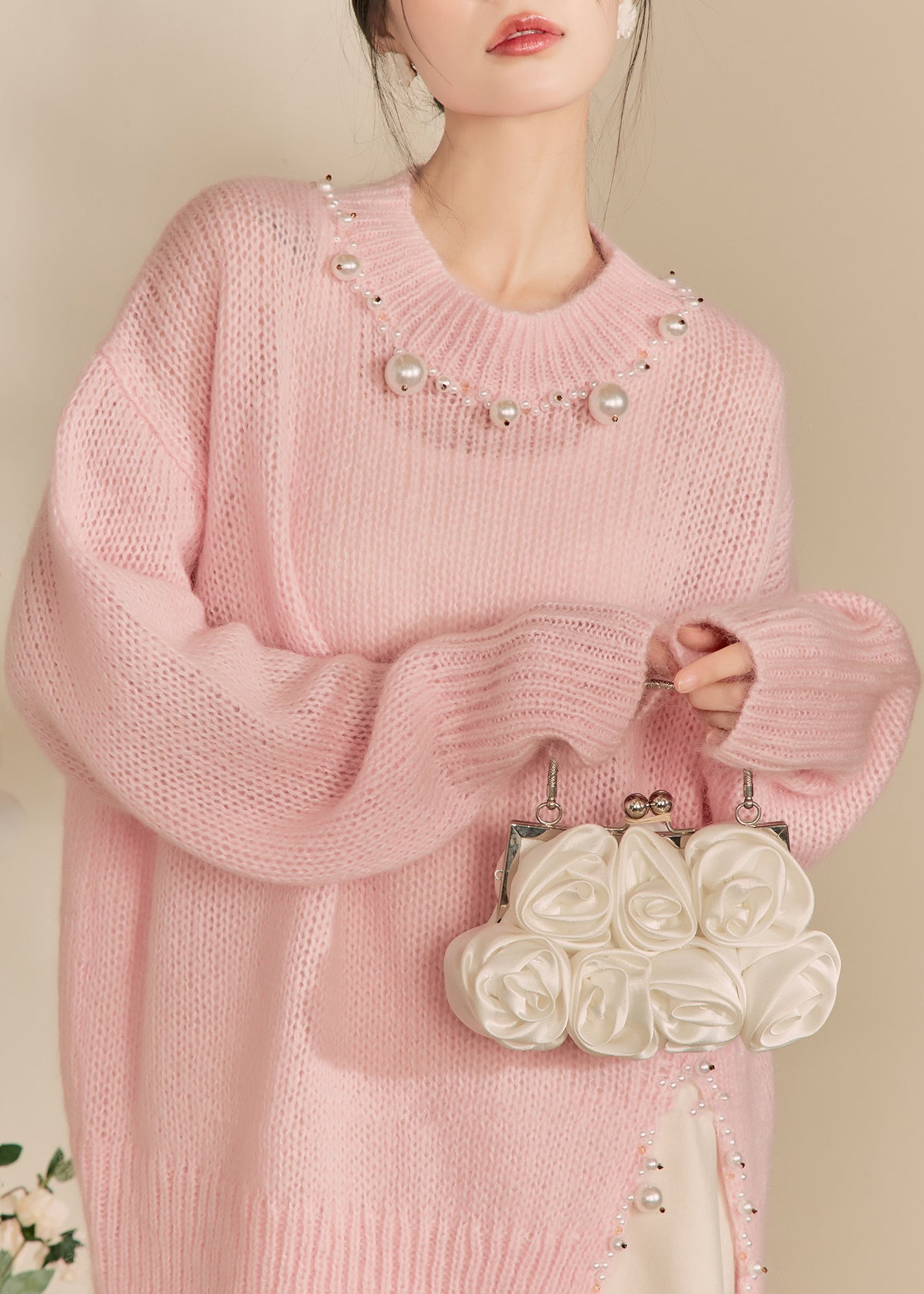 Pink O-neck Nail Bead Thick Cotton Knit Sweaters Winter