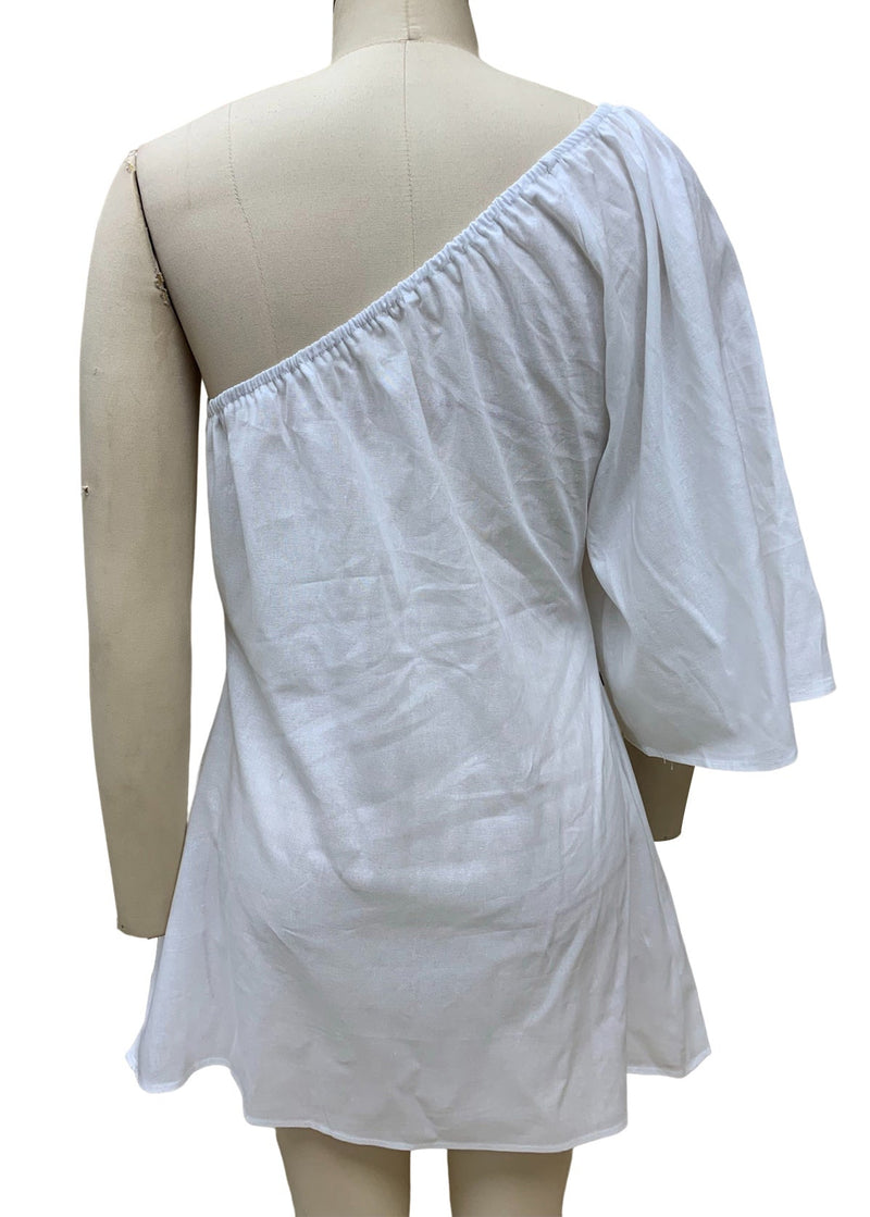 Stylish White One Shoulder Cotton Mid Dresses Puff Sleeve
