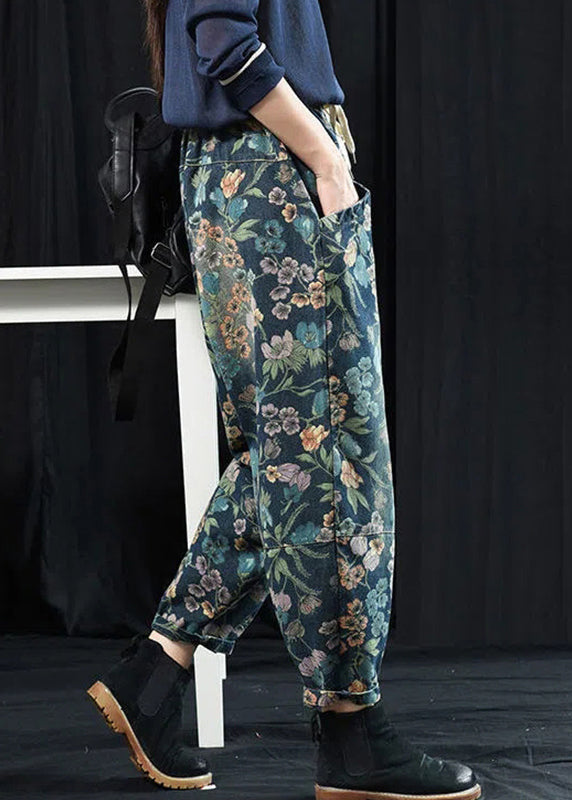 Print Pockets High Waist Denim Crop Pants Spring