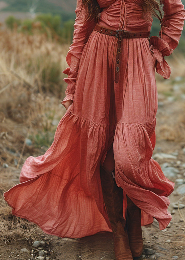 V Neck Ruffled Patchwork Cotton Long Dress Spring
