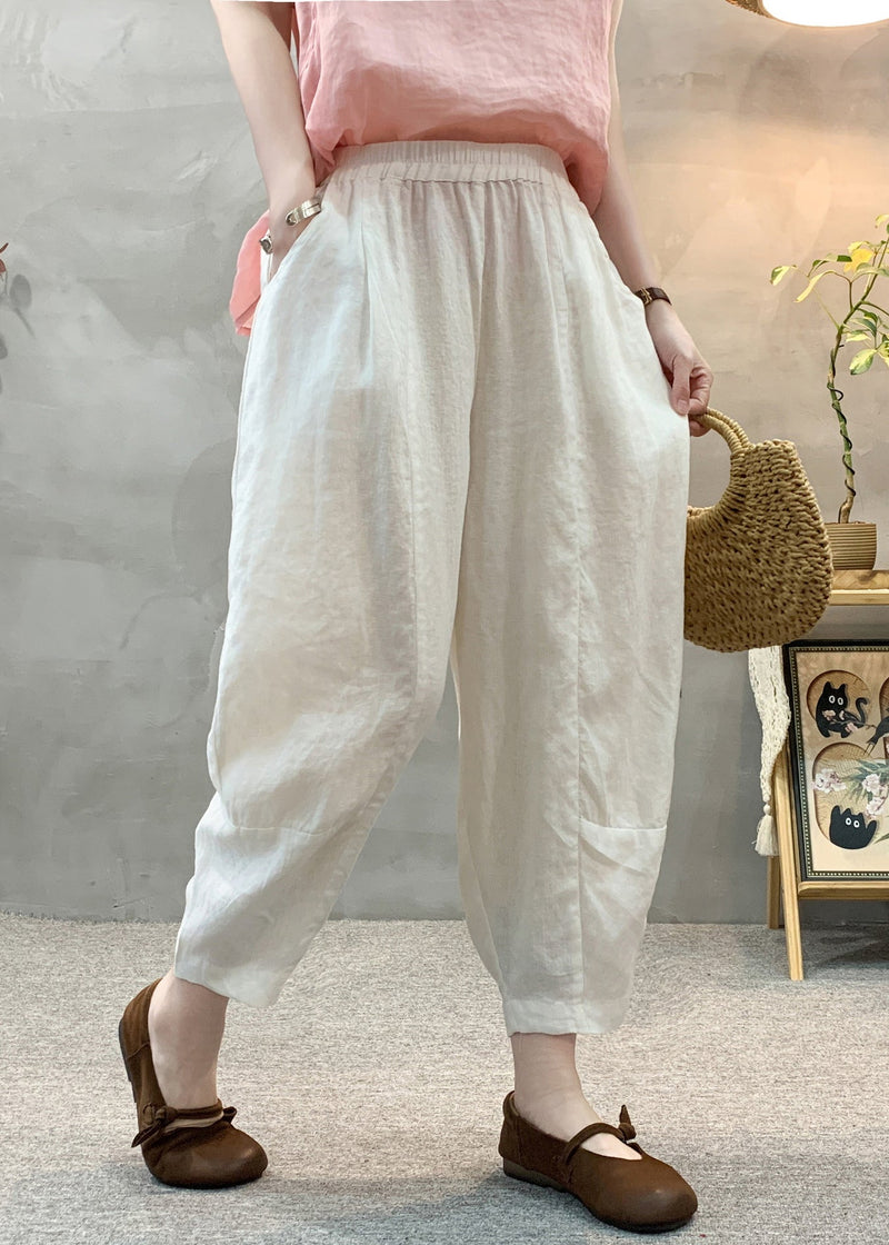White Elastic Waist Linen Harem Pants Summer